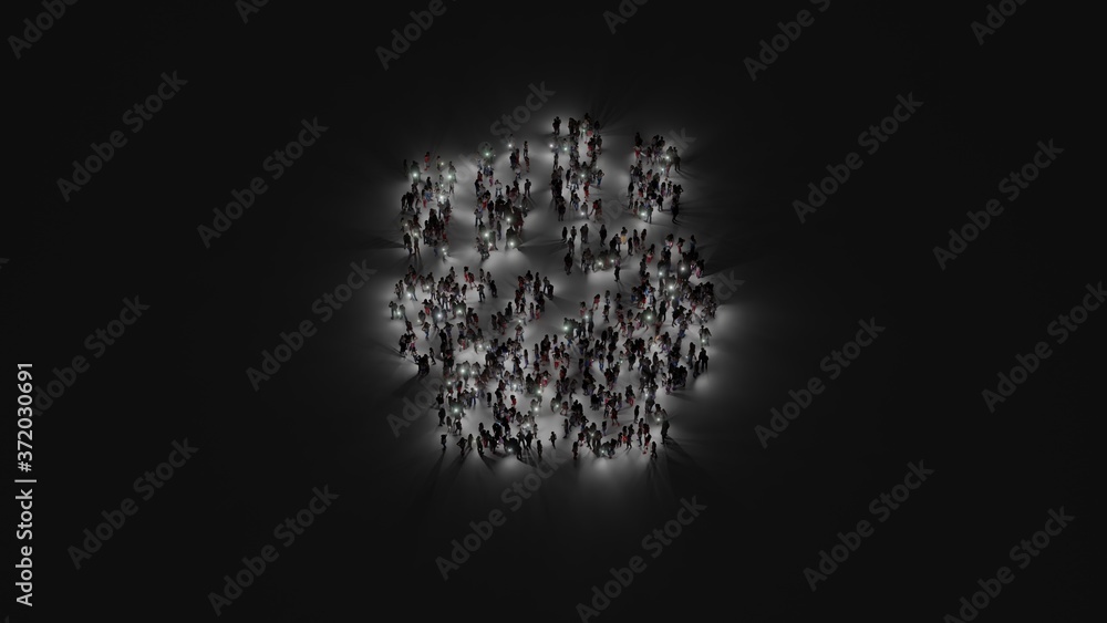 Poster 3d rendering of crowd of people with flashlight in shape of symbol of fist raised on dark background