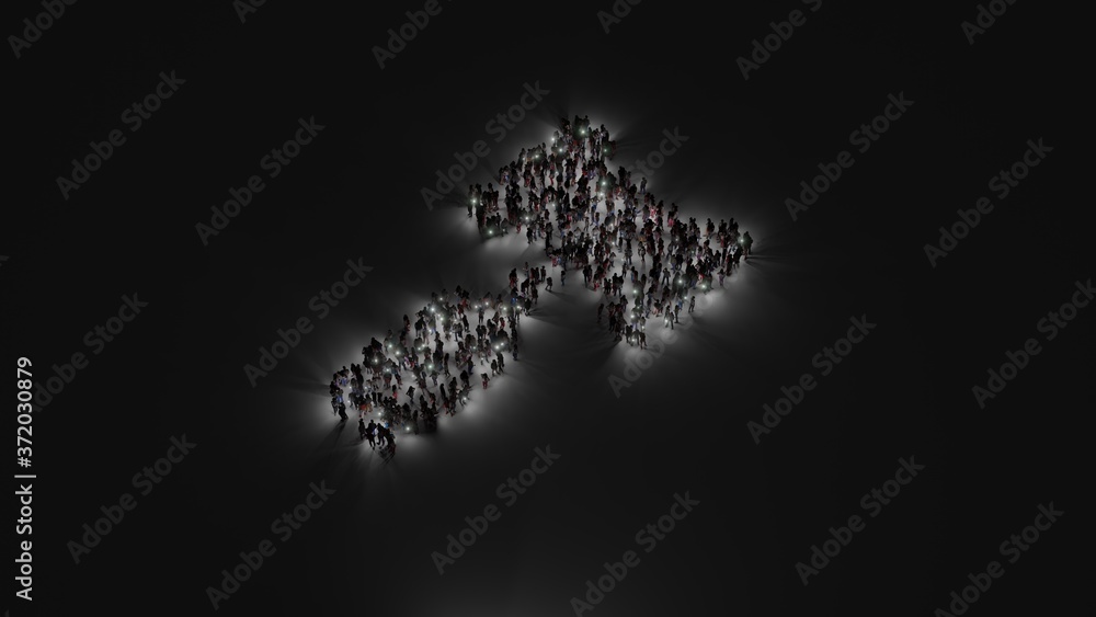 Poster 3d rendering of crowd of people with flashlight in shape of symbol of gavel on dark background