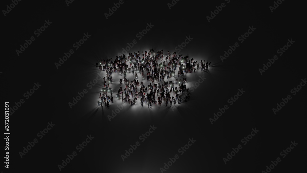 Poster 3d rendering of crowd of people with flashlight in shape of symbol of graduation cap on dark backgro