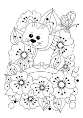 Obraz premium Vertical coloring page for children and adults. Vector illustration with flowers, butterfly and cartoon kitten. Black-white background for coloring, printing on fabric or paper.