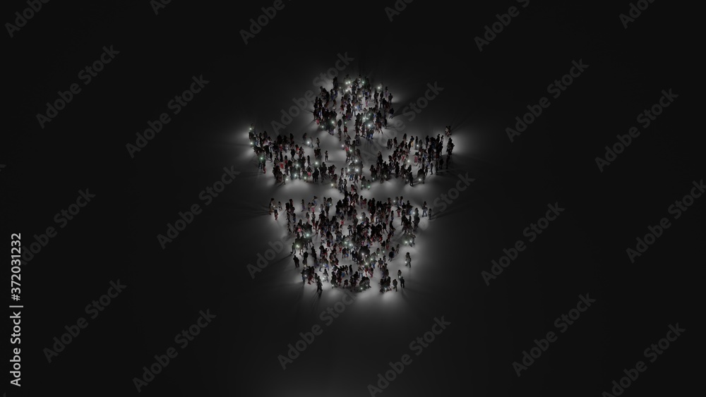 Poster 3d rendering of crowd of people with flashlight in shape of symbol of growth on dark background