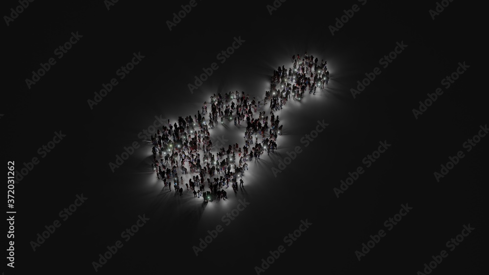 Poster 3d rendering of crowd of people with flashlight in shape of symbol of guitar on dark background