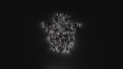 3d rendering of crowd of people with flashlight in shape of symbol of growth on dark background