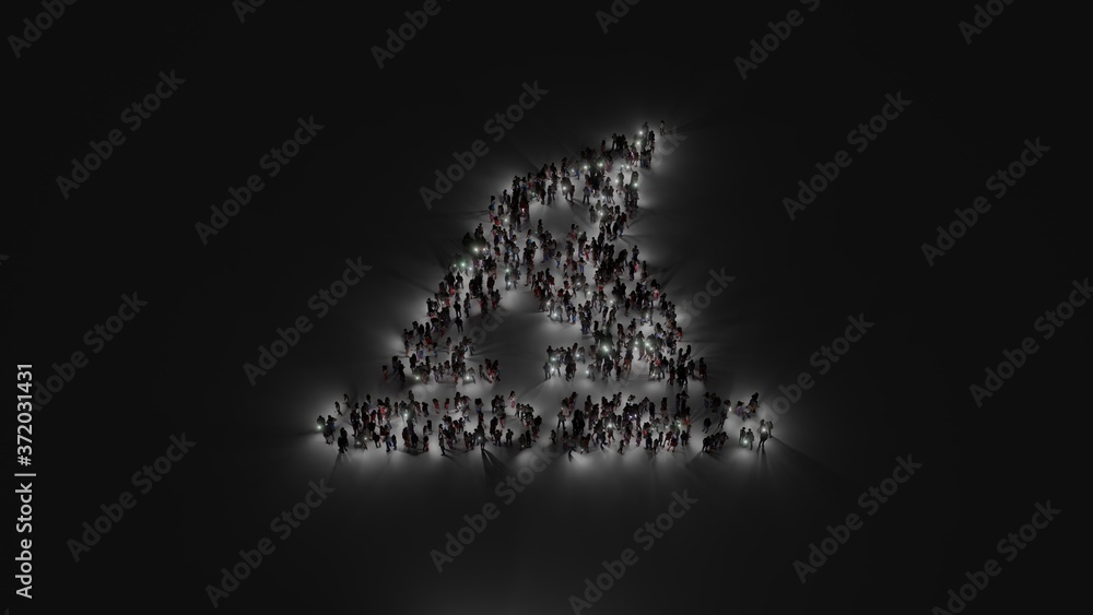 Poster 3d rendering of crowd of people with flashlight in shape of symbol of hat wizard on dark background