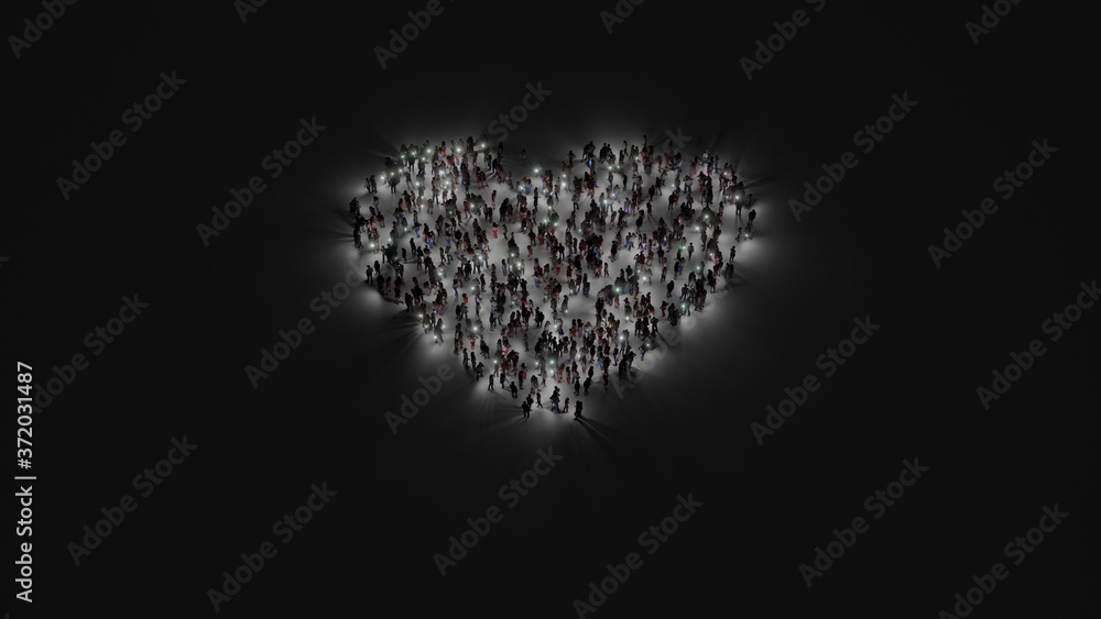 Poster 3d rendering of crowd of people with flashlight in shape of symbol of heart on dark background