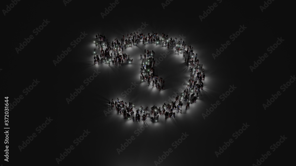 Poster 3d rendering of crowd of people with flashlight in shape of symbol of history on dark background