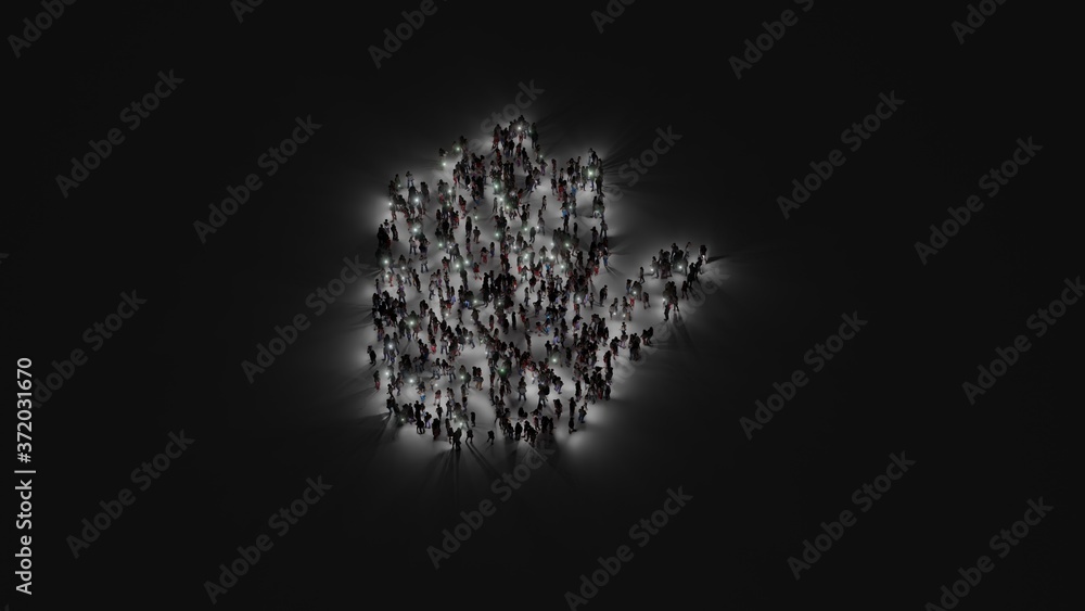 Poster 3d rendering of crowd of people with flashlight in shape of symbol of hold on dark background