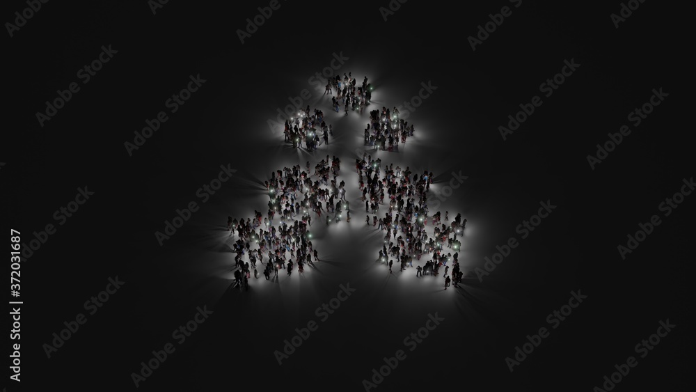 Poster 3d rendering of crowd of people with flashlight in shape of symbol of holly berry on dark background