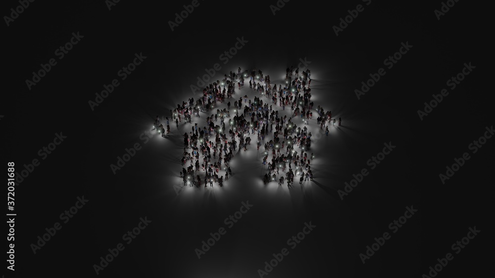 Aufkleber 3d rendering of crowd of people with flashlight in shape of symbol of home on dark background