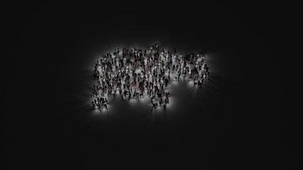 3d rendering of crowd of people with flashlight in shape of symbol of hippo on dark background