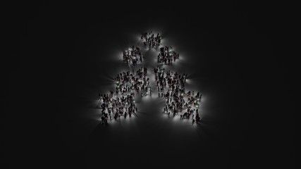 3d rendering of crowd of people with flashlight in shape of symbol of holly berry on dark background