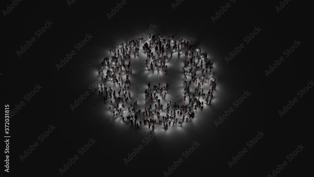 Poster 3d rendering of crowd of people with flashlight in shape of symbol of hospital symbol on dark backgr
