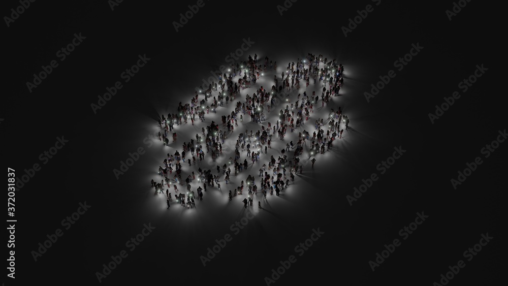 Poster 3d rendering of crowd of people with flashlight in shape of symbol of hotdog on dark background