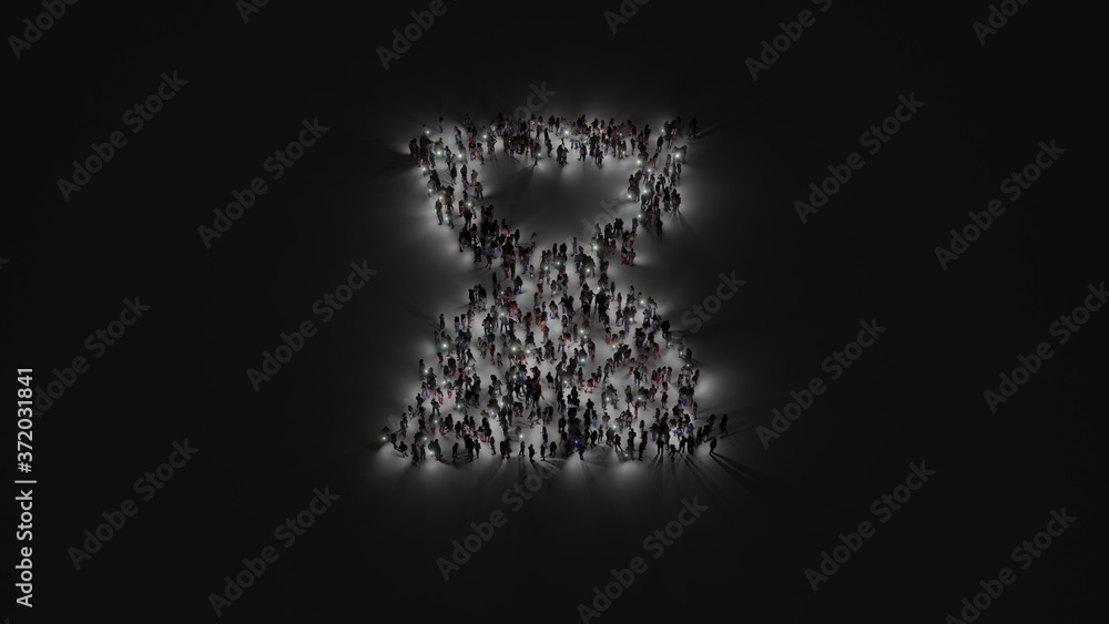 Poster 3d rendering of crowd of people with flashlight in shape of symbol of hourglass end on dark backgrou