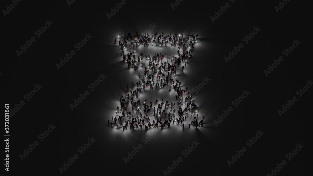 Poster 3d rendering of crowd of people with flashlight in shape of symbol of hourglass half on dark backgro