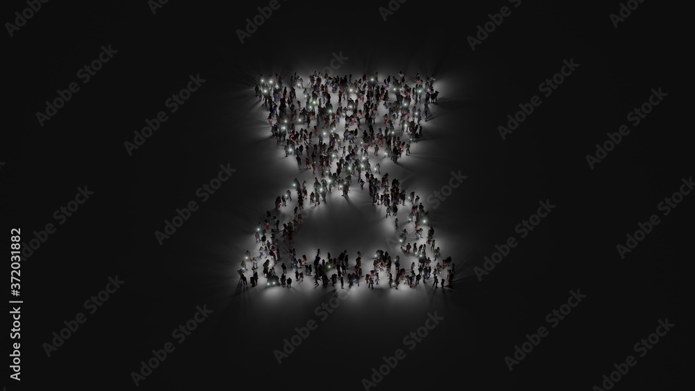 Poster 3d rendering of crowd of people with flashlight in shape of symbol of hourglass start on dark backgr