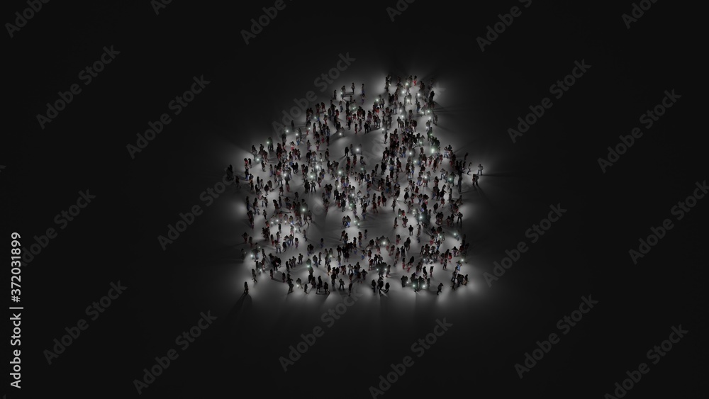 Aufkleber 3d rendering of crowd of people with flashlight in shape of symbol of house on dark background