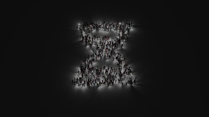 3d rendering of crowd of people with flashlight in shape of symbol of hourglass half on dark background