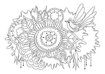 Horizontal coloring page for children and adults. Vector illustration with abstract flowers and fairy bird. Black-white background for coloring, printing on fabric or paper.