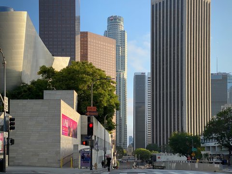 LOS ANGELES, CA, JUN 2020: looking south on Hope St, past the Walt Disney Concert Hall, towards the central library and skyscrapers in Downtown