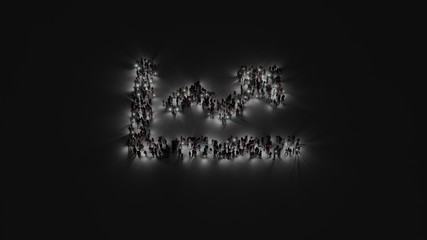 3d rendering of crowd of people with flashlight in shape of symbol of chart line on dark background