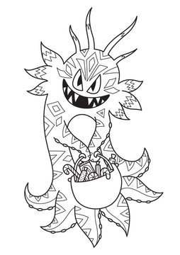 Doodle halloween coloring book page cute monster. Antistress for adults and children. Vector black and white illustrarion