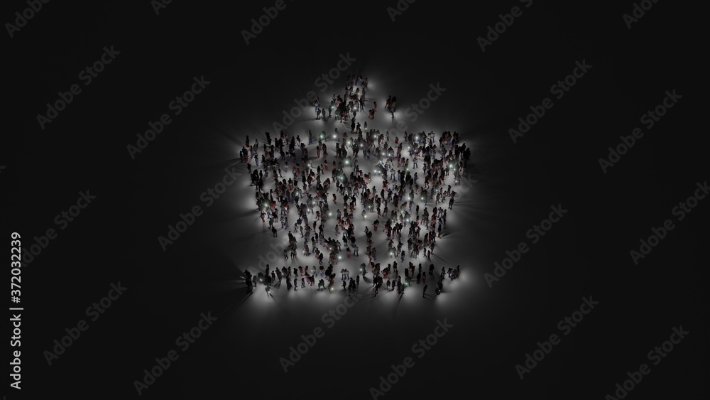 Poster 3d rendering of crowd of people with flashlight in shape of symbol of chess king on dark background