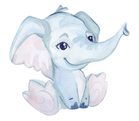 Watercolor cute illustration. Cartoon tropic character. Elephant isolated on a white background.