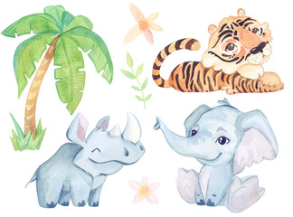 Obraz na płótnie Canvas Watercolor cute illustration. Cartoon tropic character. Rhinoceros, elephant, tiger isolated on white background.