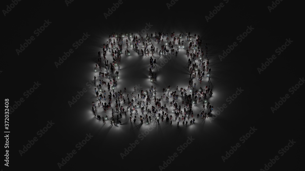 Aufkleber 3d rendering of crowd of people with flashlight in shape of symbol of ibook on dark background