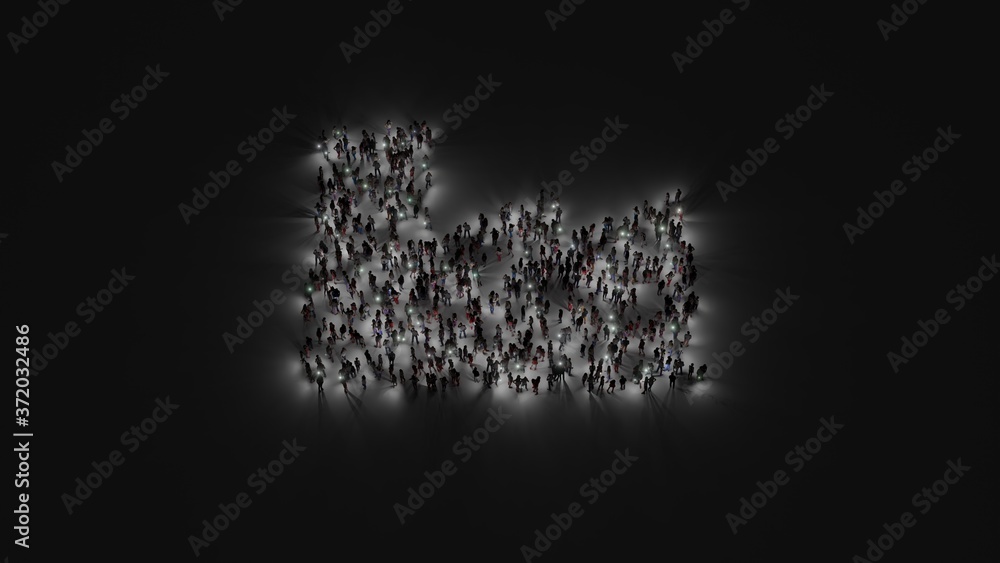 Poster 3d rendering of crowd of people with flashlight in shape of symbol of industry on dark background