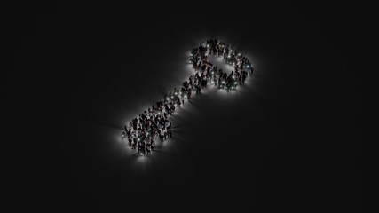 3d rendering of crowd of people with flashlight in shape of symbol of key on dark background