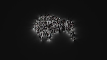3d rendering of crowd of people with flashlight in shape of symbol of kiwi bird on dark background