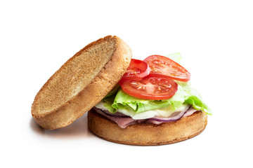 Crispbakes with ham and mozarella cheese isolated on white background