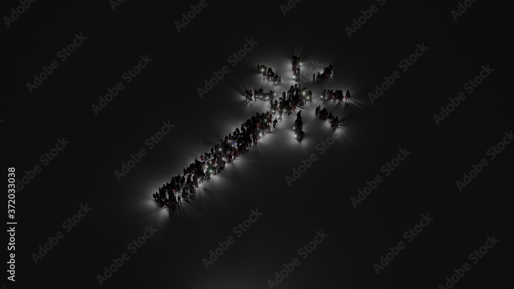 Aufkleber 3d rendering of crowd of people with flashlight in shape of symbol of magic wand on dark background