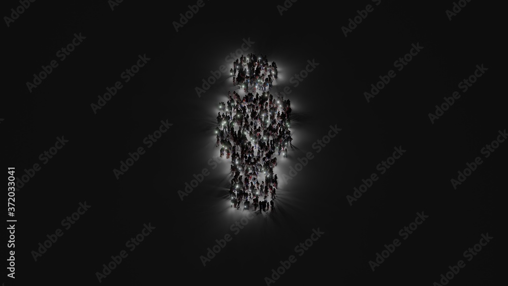 Poster 3d rendering of crowd of people with flashlight in shape of symbol of male on dark background