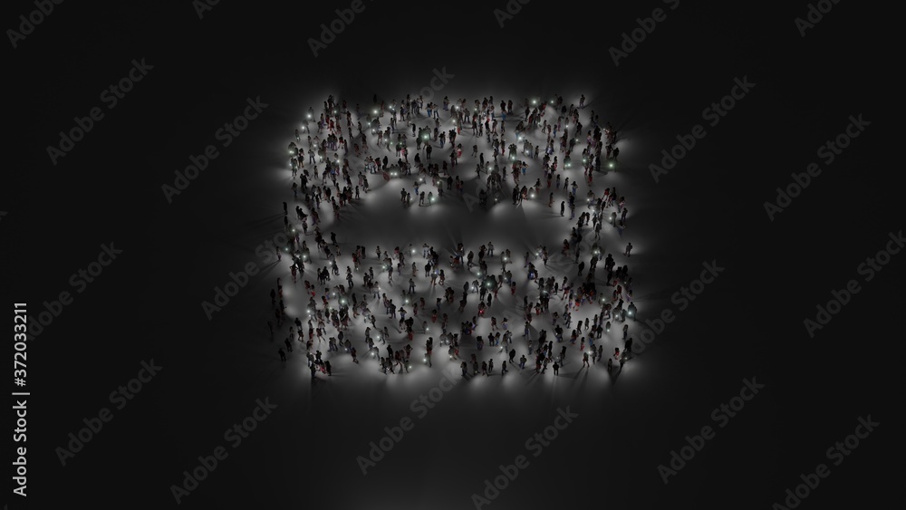 Poster 3d rendering of crowd of people with flashlight in shape of symbol of minus square on dark backgroun