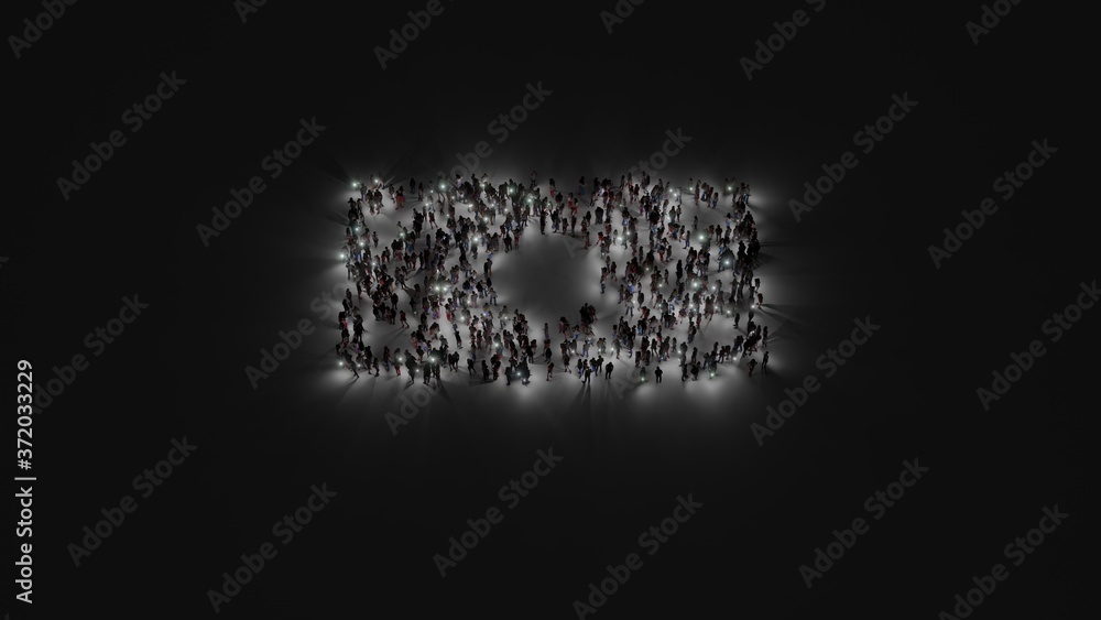 Poster 3d rendering of crowd of people with flashlight in shape of symbol of money bill on dark background