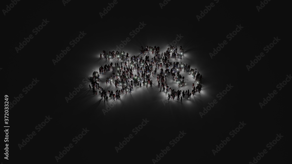 Poster 3d rendering of crowd of people with flashlight in shape of symbol of motorcycle on dark background