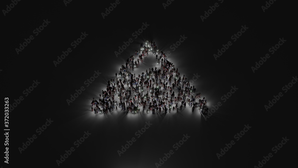 Poster 3d rendering of crowd of people with flashlight in shape of symbol of mountain on dark background