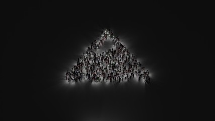 3d rendering of crowd of people with flashlight in shape of symbol of mountain on dark background