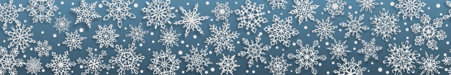 Fototapeta na wymiar Christmas seamless banner of paper snowflakes with soft shadows on gray background. With horizontal repetition