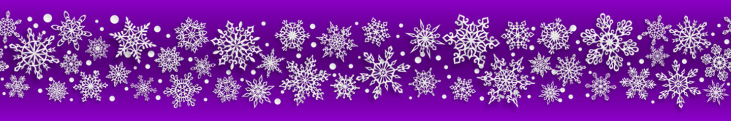Christmas seamless banner of paper snowflakes with soft shadows on purple background. With horizontal repetition