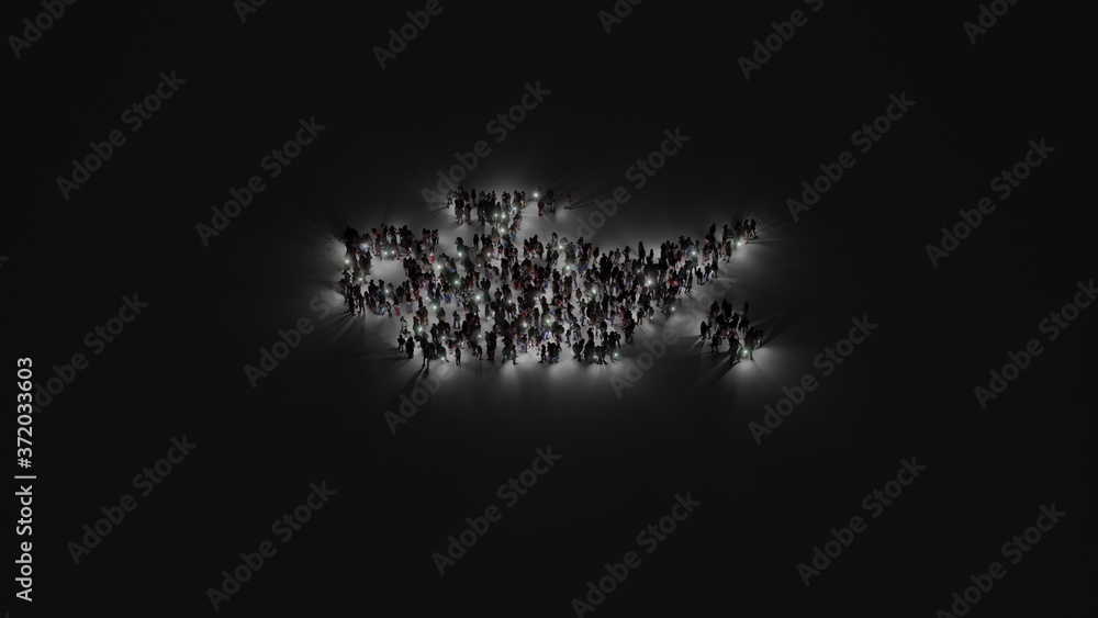Poster 3d rendering of crowd of people with flashlight in shape of symbol of oil can on dark background