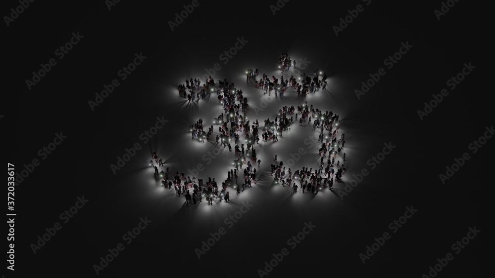 Poster 3d rendering of crowd of people with flashlight in shape of symbol of om on dark background