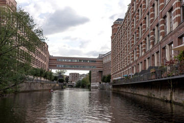 Leipzig. Saxony. Germany. The river Weisse Elster with restored houses