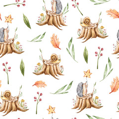 Autumn seamless pattern with snail, hedgehog, mushroom, berry, yellow oak leaves to create a fabric background, scrapbook paper, kids wallpaper, Halloween. Perfect for kids textile, clothes