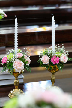 Flowers decoration in the church for wedding ceremony.