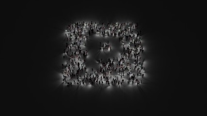 3d rendering of crowd of people with flashlight in shape of symbol of parking on dark background