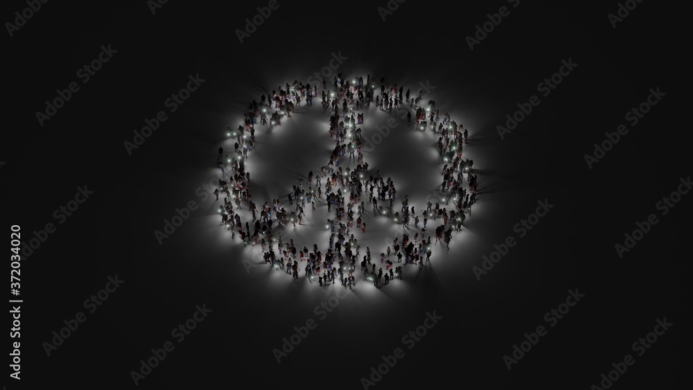 Poster 3d rendering of crowd of people with flashlight in shape of symbol of peace on dark background